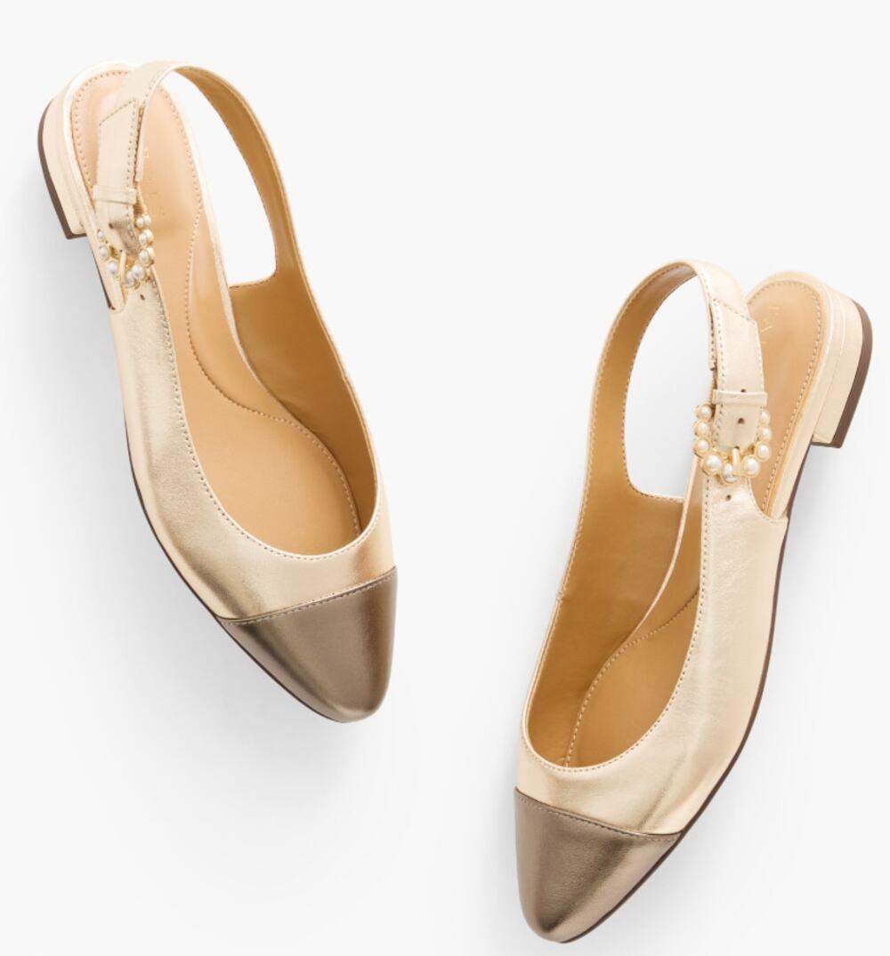 Talbots 'Edison' Womens 9M Metallic Slingback Cap Toe Flat Gold Shoe